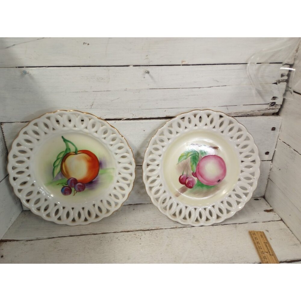 Set of Two Vintage Hand Painted Lattice Edge Kitchen Fruit Wall PlatesCottage